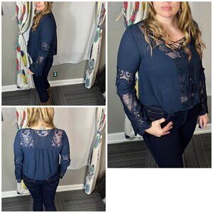 Clover + Scout navy lacy bell sleeve boho cropped top with tassels